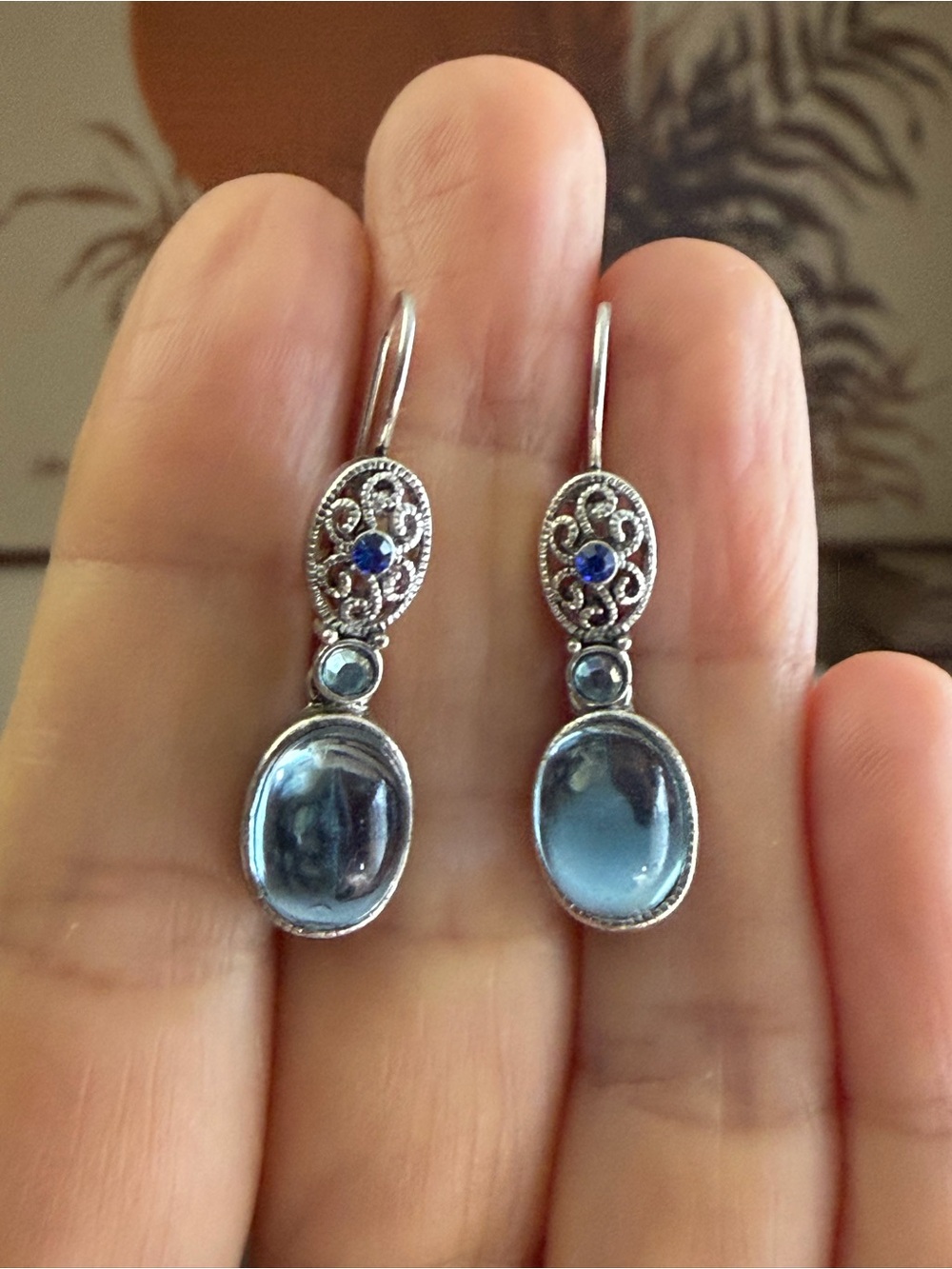 Vintage Avon Silver Tone Filigree Blue Stone Drop Earrings